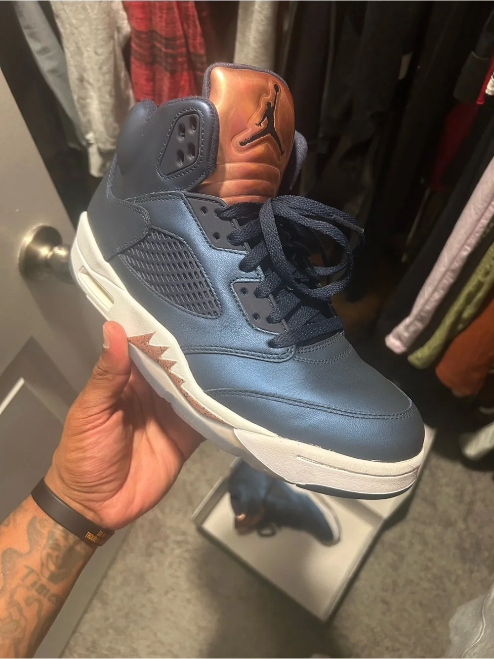 Jordan Men’s Basketball Shoes Navy Blue with White and Copper Accents
